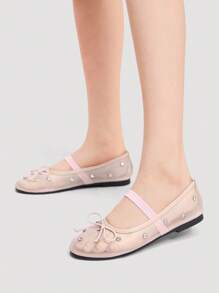 SheIn MOD Fashionable Round Toe Casual/Office Party Buckle Rhinestone Breathable Hollow Mesh Slip-On Flat Shoes, Pink - Pink - View 1