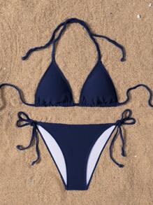 Swim Basics Bộ đồ bơi bikini 2 mảnh màu trơn, mùa bãi biển - Màu xanh hải quân - Xem 5