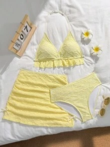 Tween Girls 3Pcs Bikini Sets, 2025 New Style Yellow Casual Textured Swimwear, Fashion Leisure Delicate Elegant Set Suitable For Swimming, Beach, Pool, Photo Shoot, Gift