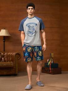 HARRY POTTER X SHEIN 2pcs/Set Men Summer Animal Badge & Letter Graphic Colorblock Raglan Sleeve T-Shirt And Shorts Loungewear Set