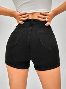 SHEIN Tall Fashionable Casual High-Waisted Black Denim Shorts With Rolled Hem For Summer - Black - View 2