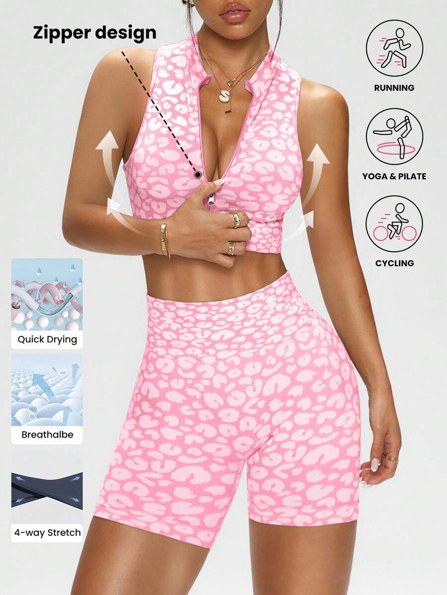 Easithlete Women's Leopard Print Seamless Zipper Sports Bra And Cycling Shorts Set For Summer Workout Women Sets - Pink - View 1