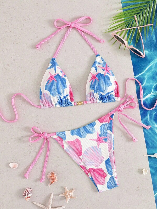 Swim Vcay Bikini da donna per festival di musica sulla spiaggia, con stampa a motivi oceanici e piccole righe, realizzato in tessuto con gioielli in metallo, con design schiena scoperta e nodo, stile sexy da vacanza