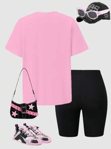 SHEIN Set de 2 piezas de camiseta de manga corta con estampado gráfico y pantalones cortos ajustados con estampado, ropa casual para chicas adolescentes