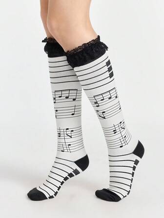 Kawaii 2 Pairs Y2K Punk Style Black & White Contrast Color Music Note Striped Knee-High Socks And Sexy Lace Trim Solid Color Knee-High Socks Set, Suitable For Music Festivals, Anime-Inspired Outfits, Casual Outings