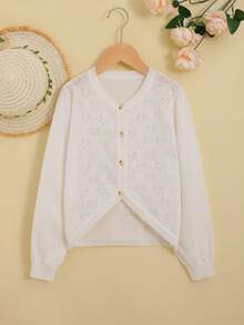 Áo len bé gái Nút phía trước Cao thấp màu trơn Giải trí - trắng - Xem 1