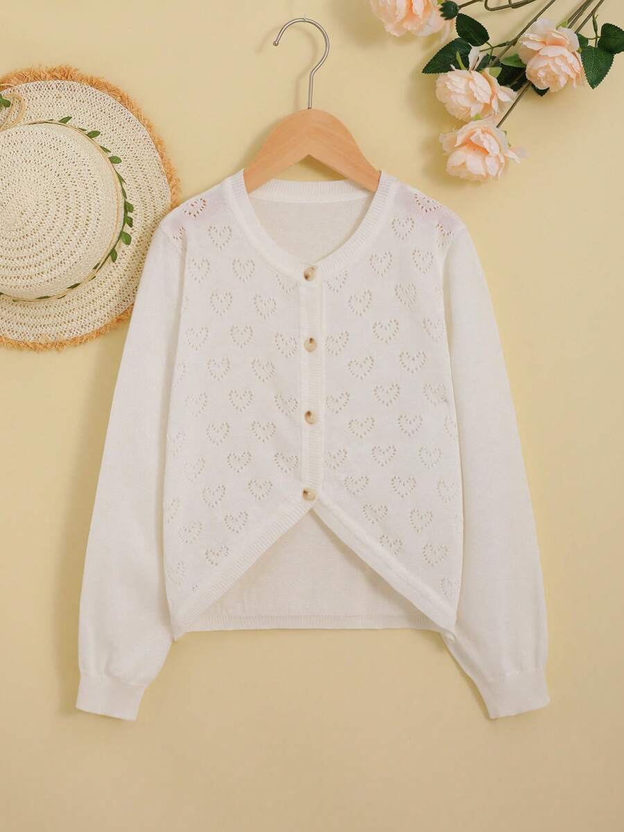 Áo len bé gái Nút phía trước Cao thấp màu trơn Giải trí - trắng - Xem 1