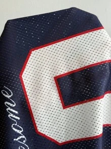 Coolane 女士和男士夏季外出返校节休闲比赛日 Y2K 透气网眼数字图案超大深蓝色平纹针织 T 恤 - 藏蓝色 - 查看 9