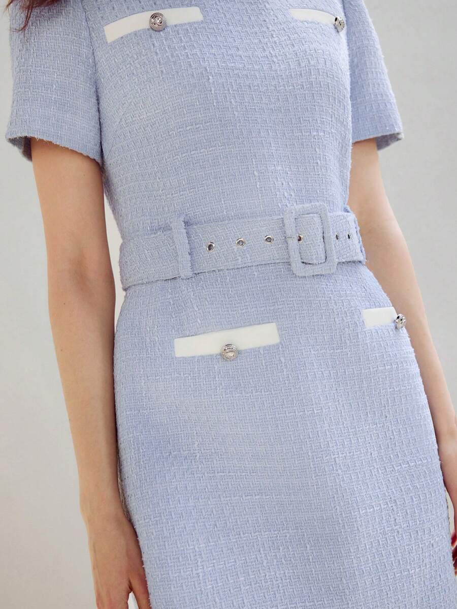 MOTF PREMIUM CONTRAST TRIM BELTED DRESS - Blue and White - View 2