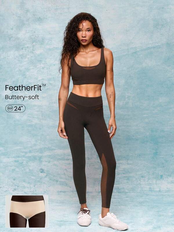 GLOWMODE 24" FeatherFit™ Flow On Buttery-Soft Sweat-Wicking Mesh Panel Non-See-Through Active Leggings Low Impact Yoga Pilates Barre Studio Daily Casual Wear