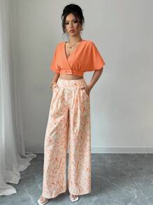 Calvaya 2pcs/Set Women Summer V-Neck Short Sleeve Button Blouse & High Waist Wide Leg Pants