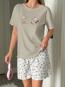Conjunto de pijama en casa de 2 piezas con estampado de gato, incluyendo blusa de manga corta y shorts con estampado de gato, para mujer