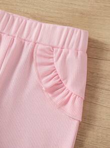 SHEIN 这款女宝宝时尚、可爱、甜美、活泼、俏皮、优雅，粉色蝴蝶结，波点圆领，长袖拼接，黑色菌褶边上衣和黑色菌褶边装饰，搭配喇叭长裤，适合日常居家外出、购物、运动、校园露营、野餐等秋冬季穿着。 - 粉色 - 查看 7