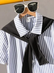 Tween Boy Striped Short Sleeve Button-Down Shirt And Casual Pants Set - Navy Blue - View 5