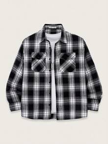 SHEIN Camisa xadrez casual de manga comprida para meninos adolescentes, versátil, com bolso de aba, adequada para deslocamento, escola, dia a dia, férias, esportes, festa, outono/inverno - Multicolorido - Ver 4