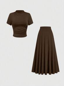 Velvienne Trang phục thường ngày cỡ lớn Quần áo mùa xuân cho phụ nữ đại học Trang phục thanh lịch khi đi chơi theo phong cách Maillard màu nâu Thiết kế xếp ly Áo ngắn tay và chân váy Bộ đồ hai mảnh cỡ lớn - Cà phê nâu - Xem 1