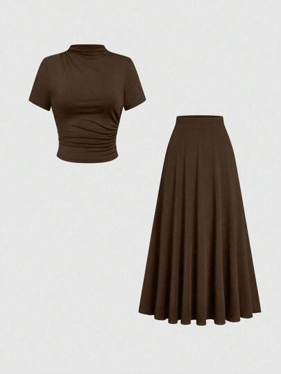 Velvienne Plus Size Casual Outfits Spring Clothes For University Women Outfit Elegant Going Out Maillard Style Brown Pleated Design Short-Sleeve Top And Skirt Plus-Size Tow-Piece Set