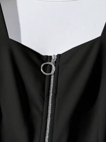 EMERY ROSE Women's Solid Color Zip Neck Cap Sleeve Casual Jumpsuit, Summer - Black - View 3