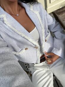 SHEIN Unity Elegant Contrast Trim Double-Breasted Long Sleeve Blazer Fall Cloth For Women - Blue and White - View 3