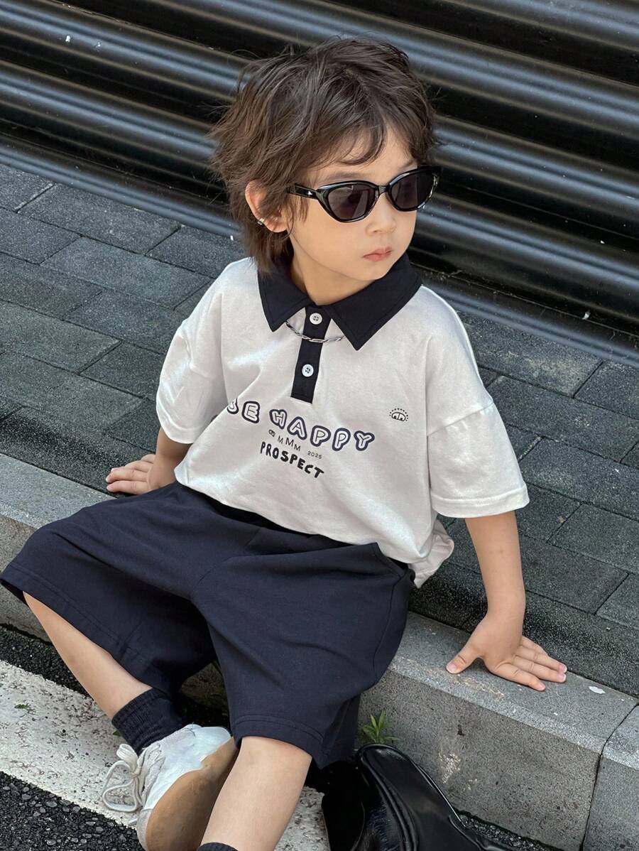 Dazy Kids Toddler Boys 2pcs Set - Letter Print Polo Shirt + Shorts, Autumn Outfit - White - View 1