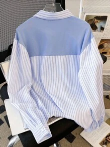 INAWLY 女款休閒通勤辦公工作藍白條紋襯衫 秋季布料 教師節適用 - 淺藍色 - 查看 2