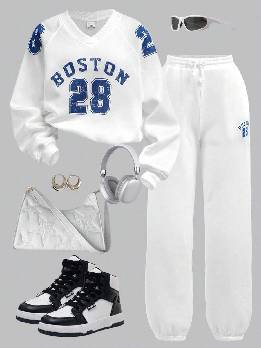 SHEIN Girlism Teen Girls Hoodie & Casual Loose Sporty Number & Letter V-Neck Raglan Sweatshirt & Printed Drawstring Waist Cuffed Sweatpants Co-Ord Set, Autumn/Winter Fall - Blue and White - View 1