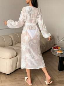 DAZY Elegant Vacation Heavily Embroidered Floral Sheer Net Ladies' Robe Pajama - White - View 2