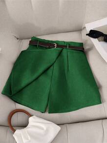 Franclia 加大码女式纯色优雅腰带装饰短裤，适合通勤、郊游、办公室、派对、夏季休闲日常穿着