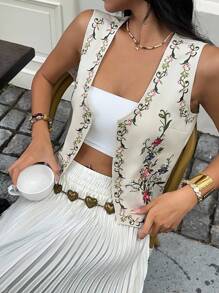 SHEIN Unity White V-Neck Single-Breasted Embroidered Vest - Apricot - View 3