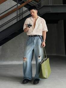 ESTAVOR Áo sơ mi nam tay ngắn dệt, phù hợp cho mùa hè, phong cách Emo - Màu be - Xem 5