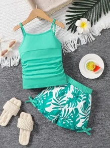 2pcs/Set Young Girl Fashionable Comfy Mint Green Camisole & Leaf Printed Shorts Set, New - Mint Green - View 1
