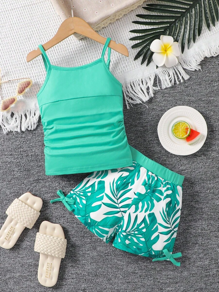 2pcs/Set Young Girl Fashionable Comfy Mint Green Camisole & Leaf Printed Shorts Set, New - Mint Green - View 1