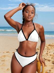 SHEIN Teen Girls Spring& Summer Girls Swimsuit Knitted Black & Apricot Bow Contrast Suspender Bikini Two Pieces Swimsuit Set Vacation Style Holiday Black&White Beach Clothes - Black and White - View 3