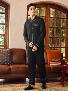 SHEIN EverLounge بدلة رجالية منزلية تتكون من ملابس علوية بياقة بولو وأكمام طويلة وسروال أحادي الصدر