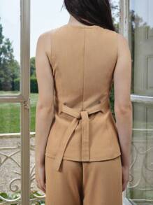 lacRébo Rompi dan Celana Panjang Pas Badan dengan Kancing Depan Tenun, Setelan Kantor untuk Wanita, Setelan Guru, Musim Semi dan Musim Panas - Khaki - View 7