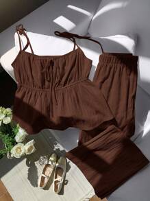 Comfortcana 棕色编织亚麻背心和裤子套装 - 棕色 - 查看 8