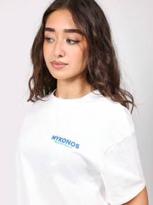 SUMWON Mykonos Paradise Beach Greece Evil Eye T Shirt Summer Vacation Travel Souvenir Casual Oversized Cotton Graphic Print Beachwear Resort Tee - White - View 4