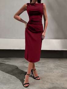 SHEIN Vestido largo de mujer con escote redondo, sin mangas, con lazo en el hombro y recogido lateral, en unicolor