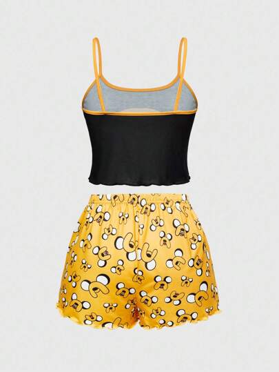 Adventure Time X ROMWE Women Summer Cartoon Graphic Lettuce Trim Ringer Cami Top & Bow Waist Shorts Pajama Set