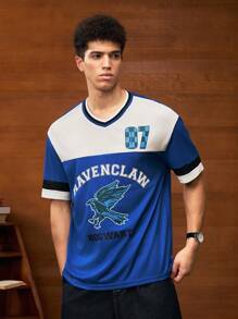 HARRY POTTER X SHEIN Men's Casual Summer Sports College Style Eagle & Checkered Pattern Number Print Colorblock Short Sleeve T-Shirt - Royal Blue - View 3