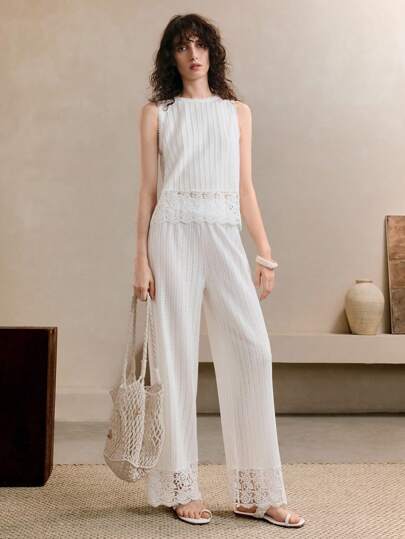 Revavyn 女士夏季休闲度假通勤镂空针织无袖上衣，舒适女士套装