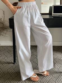 DAZY 简约条纹宽松直筒休闲裤，秋季睡衣 - 淺藍色 - 查看 6