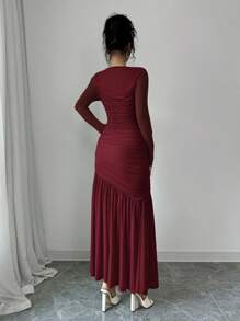 Firerie Women's Long Sleeve Round Neck Mesh Dress, Suitable For Autumn Seasonal Clothing, Back To School, Teacher's Attire - Burgundy - View 2