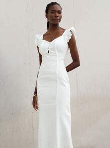 Lumivelle Women Square Neck Floral Cap Sleeve Cap Sleeve White Embroidery Fitted Dress, Ruffle Hem, Summer Vacation Dress, Boho Style - White - View 4