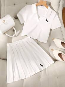 2件套青少年运动休闲POLO衫和高腰百褶裙套装 - 白色 - 查看 1