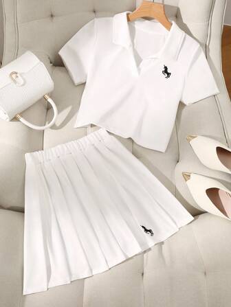 2件套青少年运动休闲POLO衫和高腰百褶裙套装