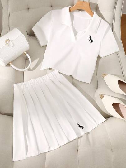 2件套青少年运动休闲POLO衫和高腰百褶裙套装