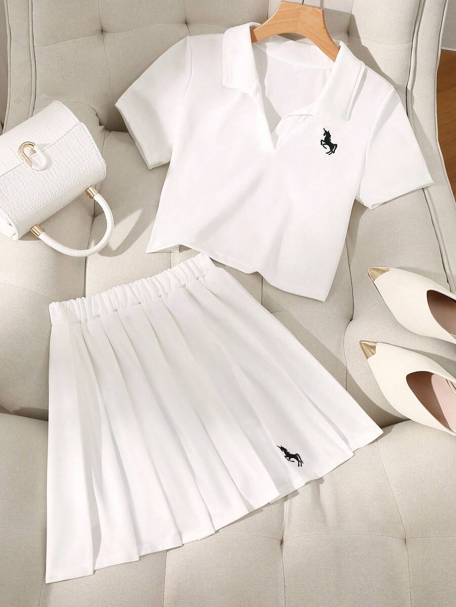 2件套青少年运动休闲POLO衫和高腰百褶裙套装 - 白色 - 查看 1