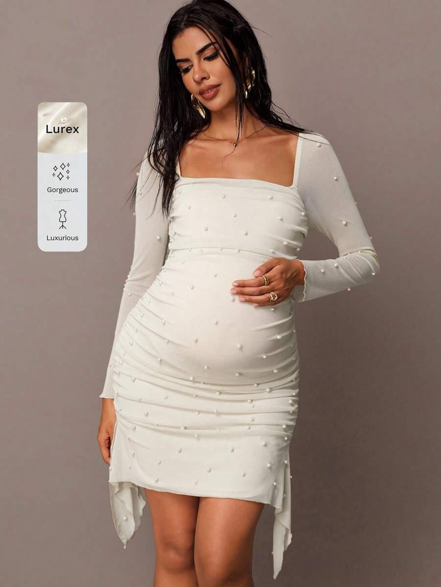 MaterniChic 优雅纯色珍珠装饰孕妇装 - 杏色 - 查看 1