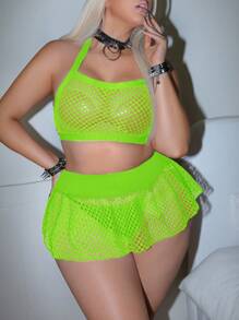 AltCore Goth-Inspired Sheer Plus Size Spaghetti Strap Net Lingerie In Vibrant Yellow Neon Lingerie Set Fishnet Lingerie Set 2 Piece Lingerie Set Skirt Lingerie Set Neon Green Lingerie - Yellow - View 4